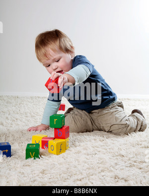 Baby boy giocando con la costruzione di blocchi (con firmato modello di rilascio - disponibile per uso commerciale) Foto Stock