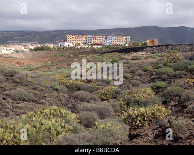 Case colorate con macchia in primo piano a Playa Parasio, Costa Adeje, Tenerife. Foto Stock