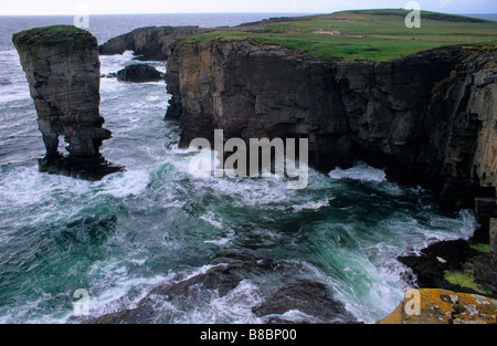 YESNABY SCOGLIERE E IL CASTELLO DI MARE YESNABY PILA SULLA TERRAFERMA ORKNEY S COSTA ATLANTICA LUGLIO Foto Stock