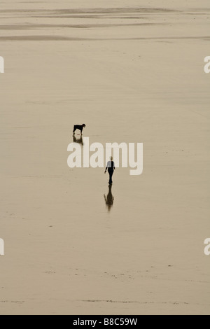 Vista aerea di un passeggiatore e cane su saunton sands beach devon Foto Stock