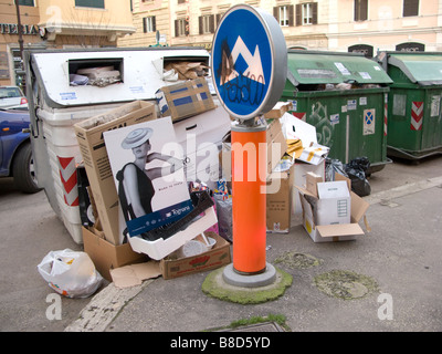 Il riciclaggio dei contenitori di cartone e su una strada, Roma, Italia Foto Stock