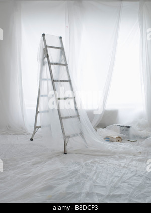 Stanza vuota coperti di polvere trasparente fogli preparati per pittura e decorazione Foto Stock