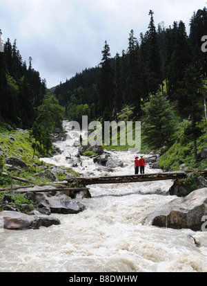 Due persone attraversando un ponte di registro sul fiume Parbati India del Nord vicino a Manali Foto Stock