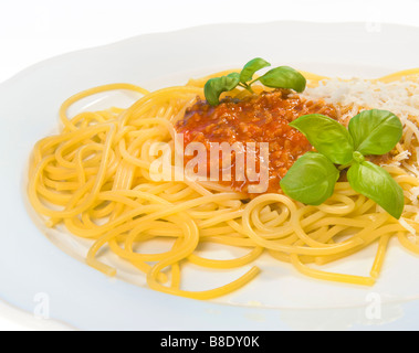 Spaghetti alla bolognese bolognese salsa a base di noodle pasta di pomodoro basilico parmigiano tritato di carne tritata tritare italia cibo italiano Foto Stock