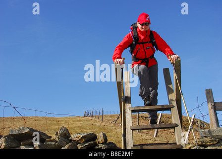 Escursionista scendendo dal Moel Eilio - Galles del Nord Foto Stock