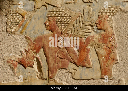 Rilievi dipinti, Deir al-Bahri, West Bank, Luxor, Egitto Foto Stock