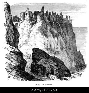 Dunluce Castle 1874 incisione del medievale castello in rovina in Antrim scogliere di basalto Foto Stock