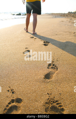 Uomo a camminare sulla spiaggia Foto Stock