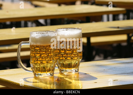 Due boccali da birra in una tabella in un giardino della birra Foto Stock