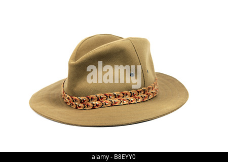 Khaki uomo s safari bush hat contro uno sfondo bianco Foto Stock