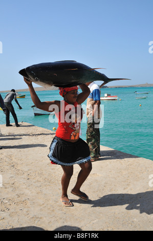 La donna che porta un tonno sul suo capo, Sal Rei, isola di Boa Vista, Repubblica di Capo Verde Foto Stock