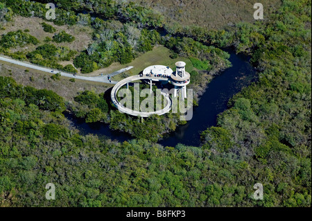 Vista aerea squalo sopra il punto di osservazione di visualizzazione look out tower Everglades National Park Florida Foto Stock