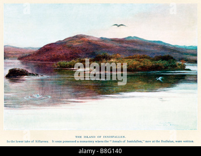 Isola di Innisfallen Killarney 1910 pittura dell'isola nel lago inferiore dove gli annali di Innisfallen furono scritti Foto Stock