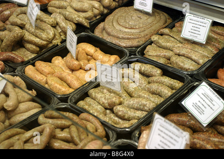 Il mercato coperto, Oxford, macelleria salsicce la finestra sul display Foto Stock