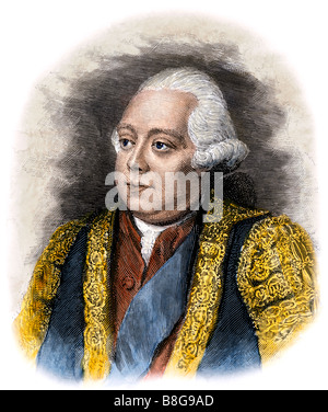 Frederick Nord, conosciuto come Signore a nord il primo ministro del re George III. Colorate a mano la xilografia Foto Stock