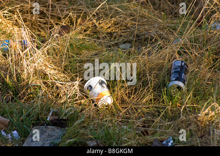 Cucciolata stradale del paese lane specificamente il fast food gigantesca tazza da caffè e birra di alluminio può Foto Stock