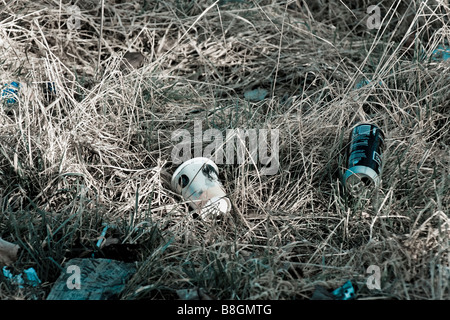 Cucciolata stradale del paese lane specificamente fast food caffè gigante di coppa in alluminio e lattina di birra dai toni freddi per effetto Foto Stock