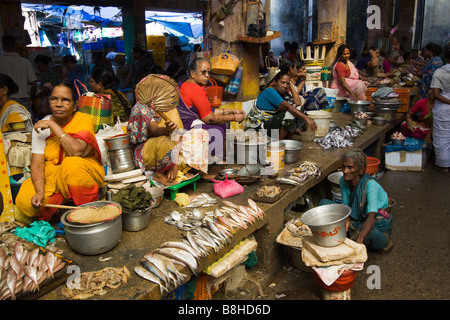 India Pondicherry principale mercato di bancarelle che vendono carni pesci catturati Foto Stock