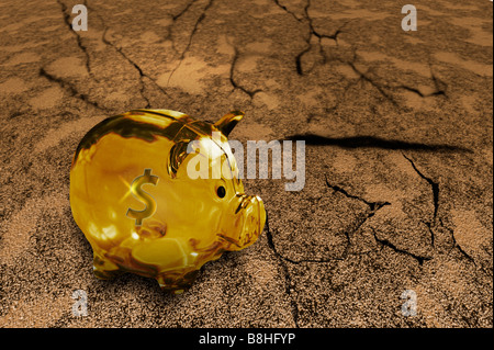 Una banca di piggy dorata si trova in un paesaggio di paglia. Foto Stock