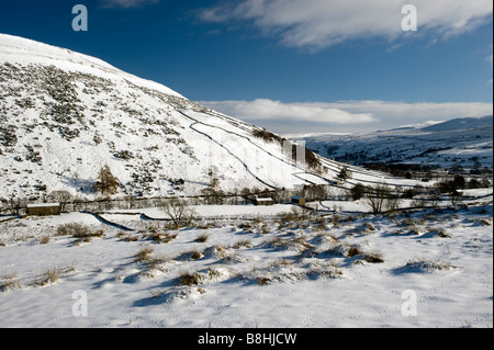 Guardando verso il basso Swaledale da sopra i campi Thwaite e pareti ricoperte di forti nevicate Foto Stock