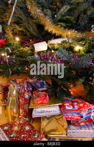 Chiudere fino a Christmas Cracker accoccolato tra i rami di un albero di Natale e presenta al di sotto Foto Stock