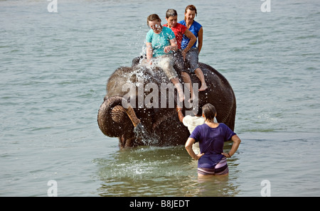 Elephant di balneazione con i turisti in Rapti Rapoti fiume nel Parco nazionale di Royal Chitwan Nepal Foto Stock