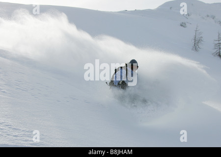 Snowboarder facendo un giro in fresco in polvere di neve in Nassfeld, Austria Foto Stock