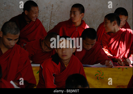 Giovani monaci in classe A dello stato scuola monastica Phodrung Dechen monastero. Foto Stock