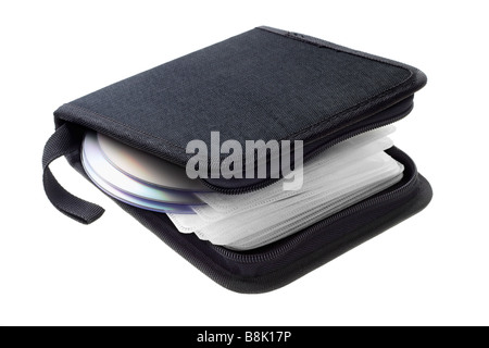 Unzipped compact disk storage bag su sfondo bianco Foto Stock