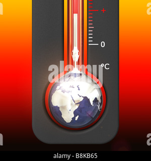 Un computer generato illustrazione di un riscaldamento globale termometro, mostrando la terra come la lampada a mercurio Foto Stock