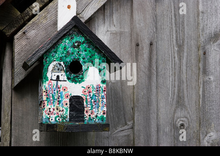 Dipinto a mano in legno scatola di nidificazione: Homemade dipinte a mano in legno rustico Bird casella sul vecchio capannone, Braemar, Scotland, Regno Unito/ Foto Stock