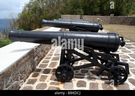 I cannoni che si affaccia sulla Seaward si avvicina al vecchio British Fort Shirley sull'isola caraibica di Dominica Foto Stock