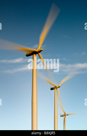 Turbine eoliche Vestas generano energia elettrica come girano in Texas per centrali eoliche. Foto Stock