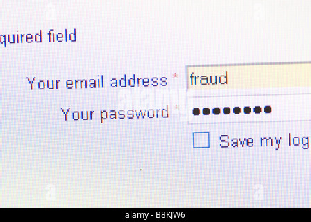 La frode in una pagina di accesso sullo schermo di un computer Foto Stock