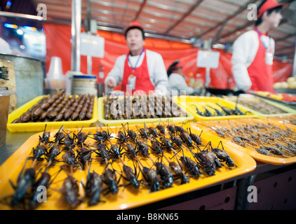 I fornitori in un cibo in stallo la Donghuamen street night market alimentare a Pechino 2009 Foto Stock