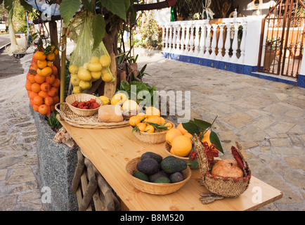 Frutta e verdura fresca per la vendita al di fuori di casa del villaggio di La Viñuela Provincia di Malaga Spagna Foto Stock