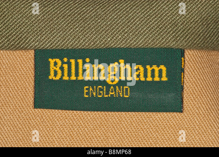 Una chiusura di un Billingham fotografia fotocamera borsa fatta in Inghilterra che mostra il logo Foto Stock