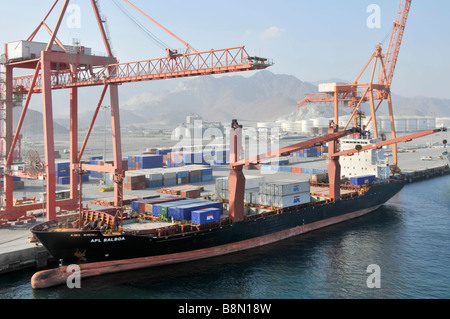 Boxship al porto di Fujairah sul Golfo di Oman contenitori accatastati su banchina e container nave accanto con bulbo prua Foto Stock