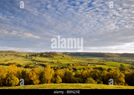 Ondulate Cotswolds sulle colline vicino a Uley dalla camma verso il basso lungo Cotswolds Gloucestershire England Regno Unito Foto Stock