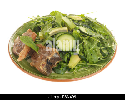 Appena cotti gara dolce costolette di agnello con insalata di avocado e rucola isolata contro uno sfondo bianco con nessun popolo e un tracciato di ritaglio Foto Stock