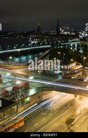 La Svezia, Stoccolma, Slussen, città di notte, una lunga esposizione Foto Stock