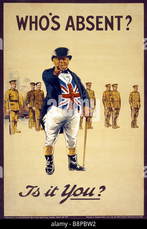 La Prima guerra mondiale esercito britannico il reclutamento di poster con la John Bull personaggio di puntamento e di chiederci chi è assente? Si tratta di te?". Foto Stock