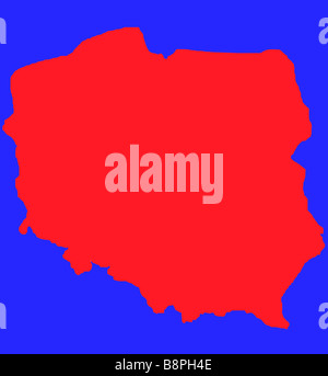 Contorno rosso mappa di Polonia isolato sul blu con tracciato di ritaglio Foto Stock