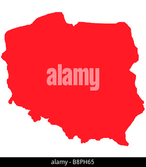 Contorno rosso mappa di Polonia isolato su bianco con tracciato di ritaglio Foto Stock
