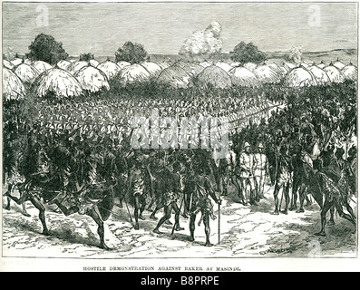 Dimostrazioni ostili contro Sir Samuel White Baker a Masindi 1873 commercio di schiavi esploratore britannico officer naturalista Foto Stock