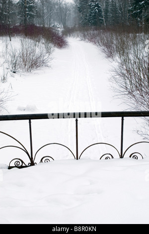 Pista di Sci oltre il fiume congelato vista dal ponte. Foto Stock