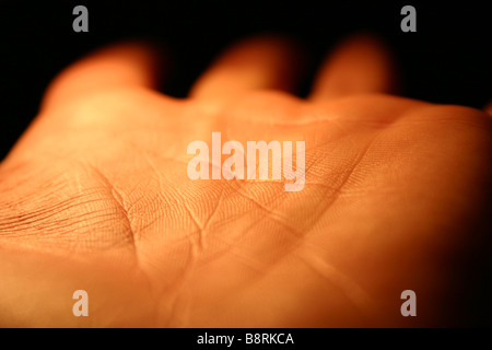 In prossimità delle linee sul palmo della mano di una persona Foto Stock