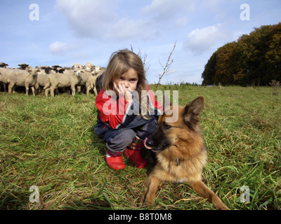 Gli animali domestici delle specie ovina (Ovis ammon f. aries), pastore figlia con sheepdog nella parte anteriore del gregge di pecore, Germania nord Rhine-Westphali Foto Stock