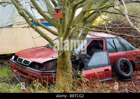 Un auto abbandonate e caravan e un uccello casella di nesting, sulla massa di rifiuti in Somerset, Inghilterra. Foto Stock