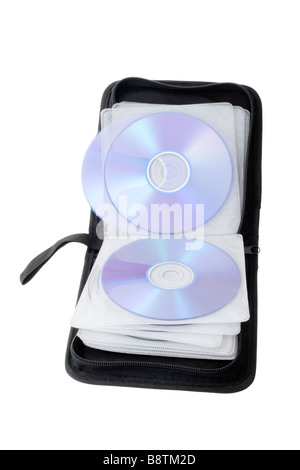 Aprire compact disk storage bag su sfondo bianco Foto Stock